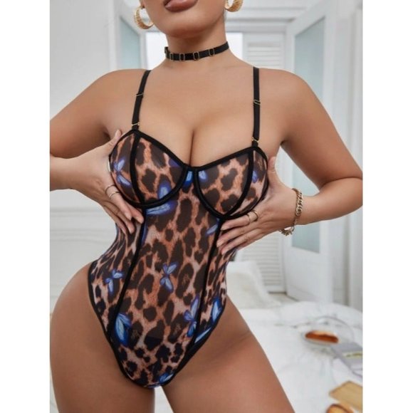 Boutique Other - Butterfly & Leopard Print Mesh Underwire Teddy Bodysuit With Choker